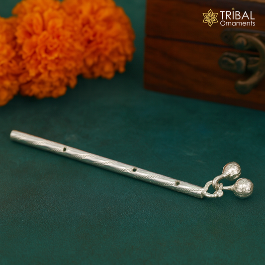 Amazing design Solid sterling silver handmade idol krishna flute, silver bansuri, laddu gopala flute, little krishna flute puja art su357 - TRIBAL ORNAMENTS