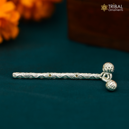 Handmade solid sterling silver Krishna flute idol with intricate design, featuring a silver bansuri and laddu Gopala puja art.