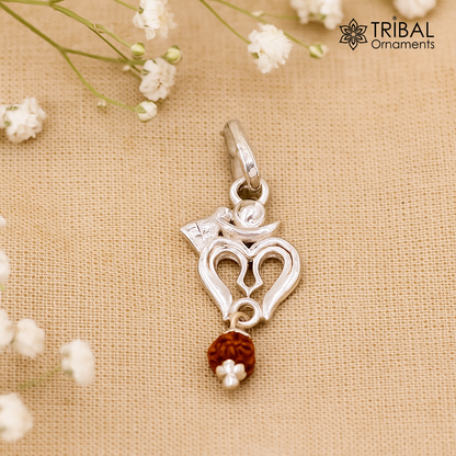Solid silver Lord Shiva trident pendant with real Rudraksha beads, unisex tribal jewelry from Rajasthan by Tribal Ornaments.