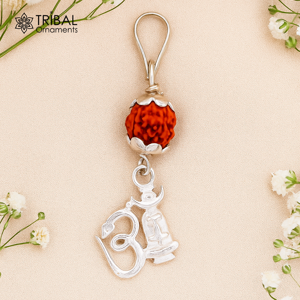 Amazing Sterling silver Aum mantra pendant with fabulous natural rudraksha beads excellent unisex gifting light weight jewelry nsp280 - TRIBAL ORNAMENTS