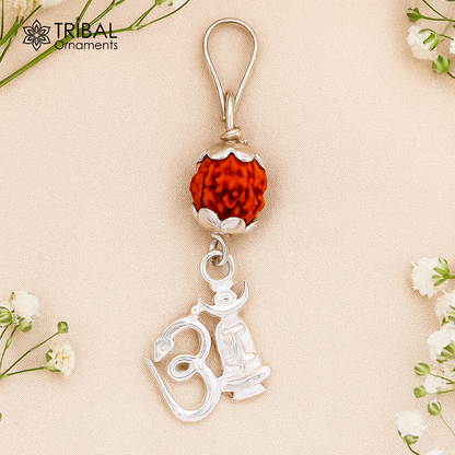 Sterling silver Aum mantra pendant with natural Rudraksha beads from TRIBAL ORNAMENTS, lightweight unisex jewelry for spiritual gifting.