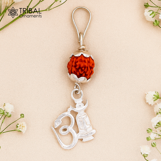 Amazing Sterling silver Aum mantra pendant with fabulous natural rudraksha beads excellent unisex gifting light weight jewelry nsp280 - TRIBAL ORNAMENTS