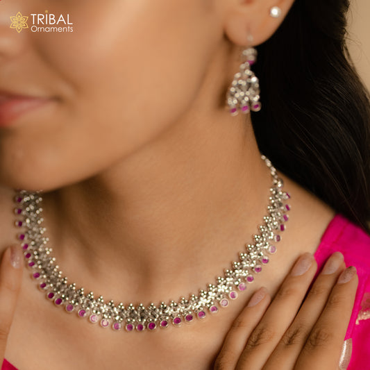 Amazing stylish red stone necklace 925 sterling silver customized gorgeous necklace set adjustable back links set704 - TRIBAL ORNAMENTS