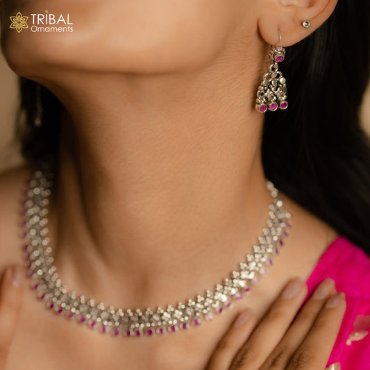 Amazing stylish red stone necklace 925 sterling silver customized gorgeous necklace set adjustable back links set704 - TRIBAL ORNAMENTS