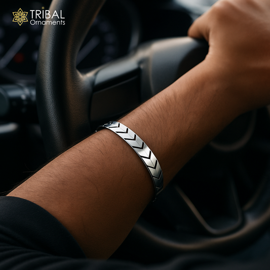 Arrow forge style silver cuff bracelet for men, made of 925 pure silver, featuring tribal-inspired design and bold jewelry style.