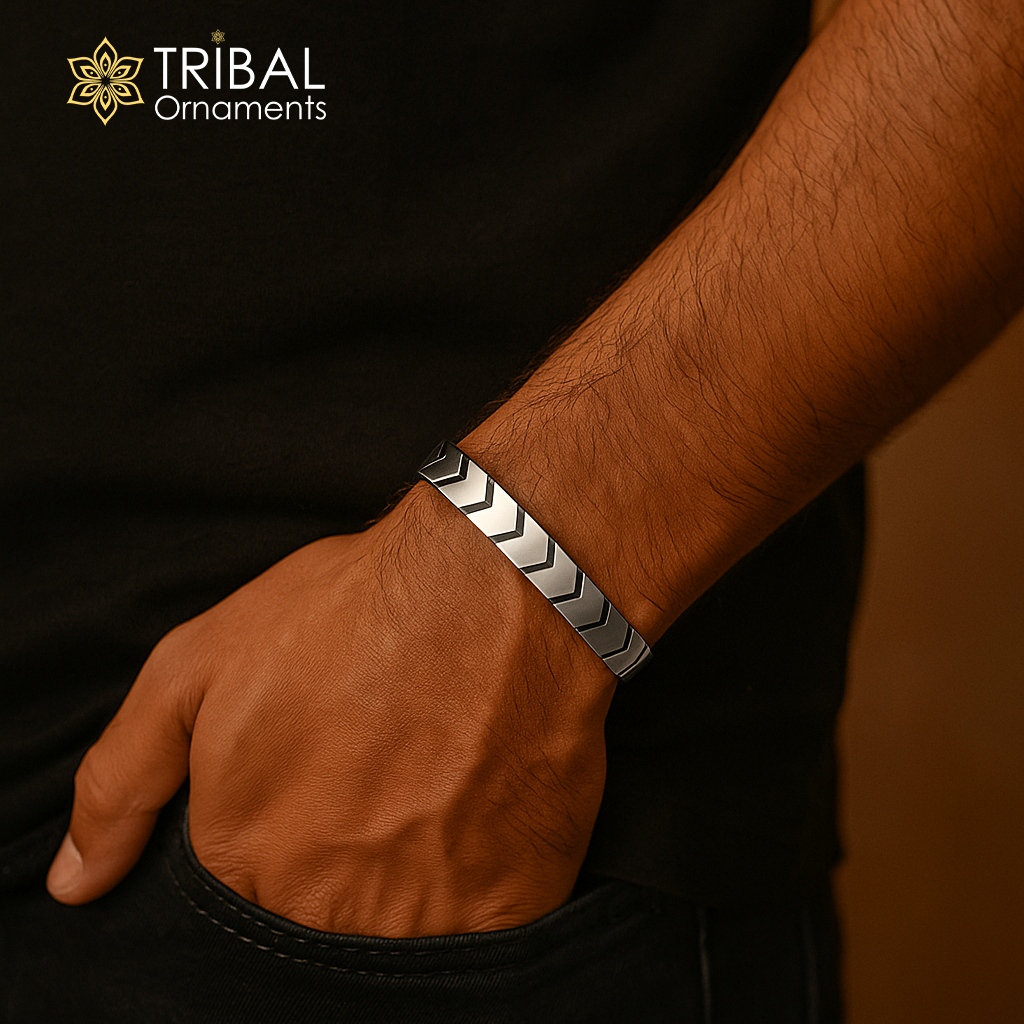 Arrow forge style silver cuff bracelet for men, tribal-inspired 925 pure silver bangle by TRIBAL ORNAMENTS.