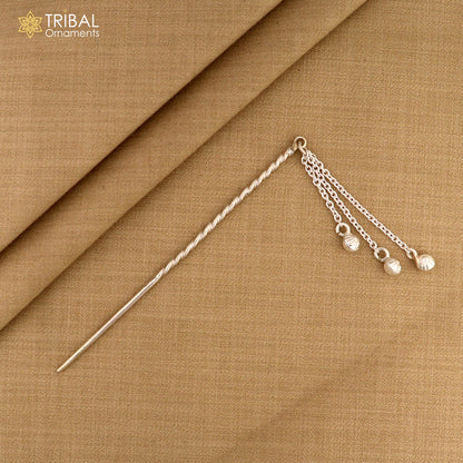 Artisan handmade silver hair pin with hammered design and jingling sticks, crafted from solid 925 sterling silver, tribal-inspired hair jewelry