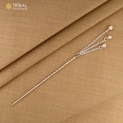 Handmade silver hair pin with hammered design and jingling sticks, crafted by TRIBAL ORNAMENTS, featuring solid 925 sterling silver.