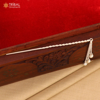 Artisan handmade silver hair pin with hammered design and jingling sticks, crafted by TRIBAL ORNAMENTS for unique hair jewelry.
