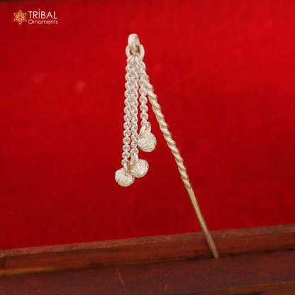 Artisan handmade silver hair pin with hammered design and jingling sticks, crafted by TRIBAL ORNAMENTS.