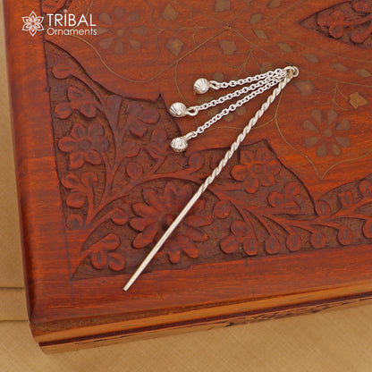 Artisan handmade silver hair pin with hammered design and jingling sticks, crafted from solid 925 sterling silver, by TRIBAL ORNAMENTS.