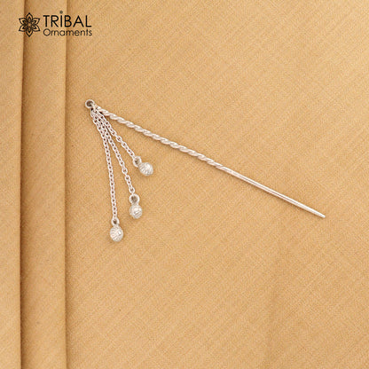 Artisan handmade silver hair pin with hammered design and jingling sticks, made of solid 925 silver hair jewelry by TRIBAL ORNAMENTS.