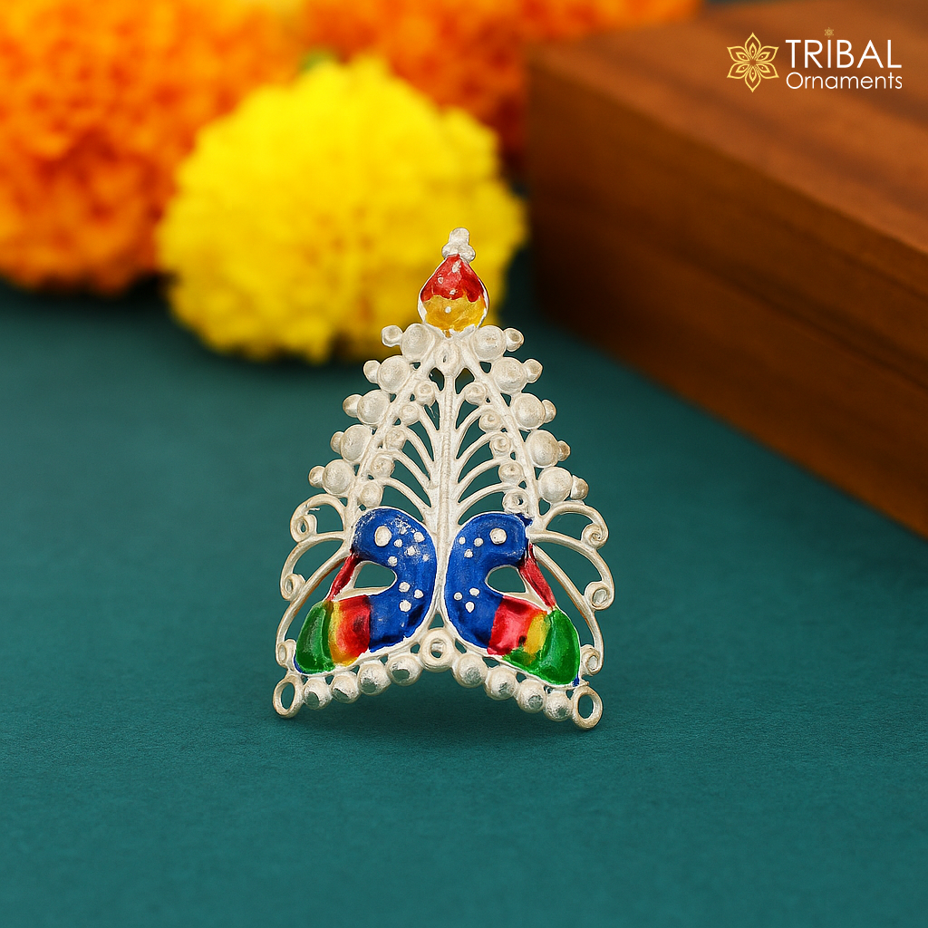 Baby krishna crown or mukut fabulous enamel peacock design solid silver handmade idol krishna mukut gifting crawling krishna jewelry su528 - TRIBAL ORNAMENTS
