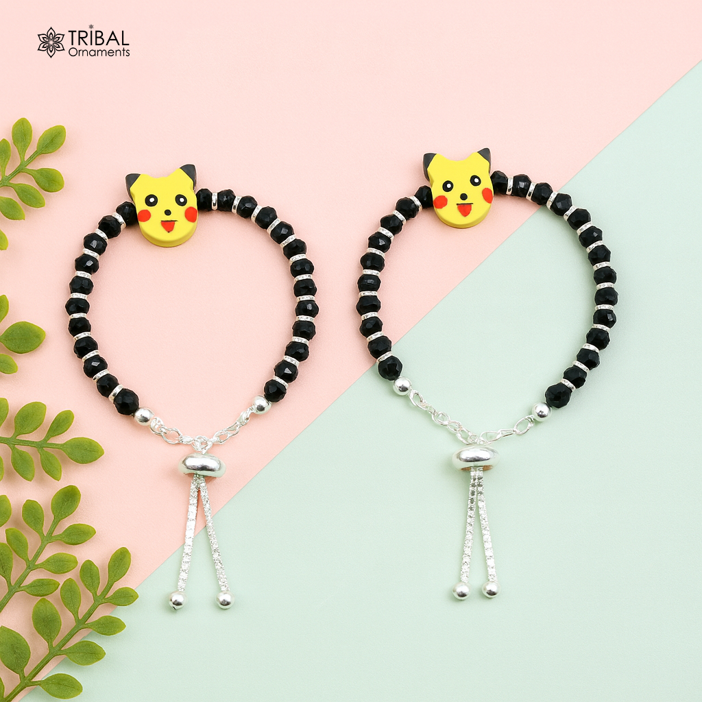 Best baby gift black beaded bangle bracelet or ankle bracelet 925 sterling silver handmade customized kids jewelry form india bbr48 - TRIBAL ORNAMENTS