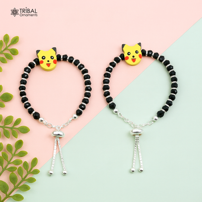 Handmade black beaded sterling silver baby bangle or ankle bracelet with customized design, crafted by TRIBAL ORNAMENTS.