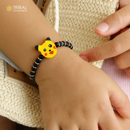 Black beaded sterling silver baby bangle or ankle bracelet, handmade and customized kids jewelry by TRIBAL ORNAMENTS.