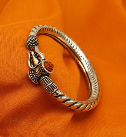 Custom 925 Sterling silver handmade chitai work Lord Shiva trident trishul bangle bracelet natural Rudraksha beads customized kada nssk472 - TRIBAL ORNAMENTS