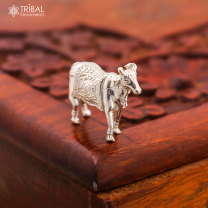 Vintage 925 sterling silver Divine Cow Kamdhenu art featuring Nakshi work, depicting a sacred wishing cow with intricate design.