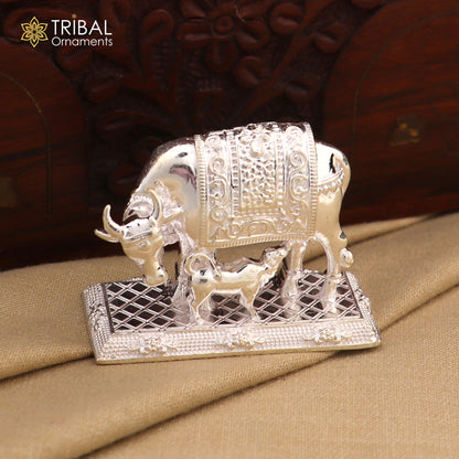 Sterling silver vintage Nakshi work Divine cow with calf, Kamdhenu deity's wishing cow art by Tribal Ornaments