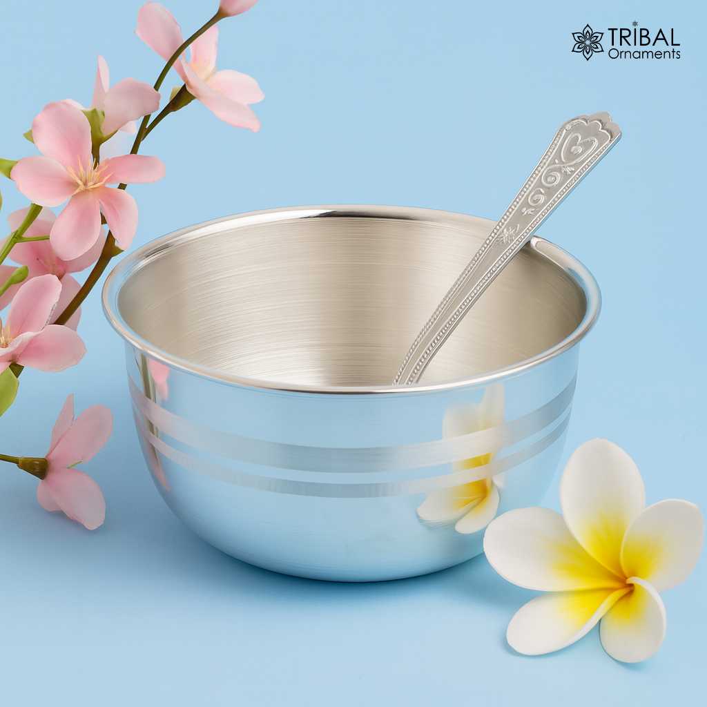 Elegant 999 solid pure silver handmade utensils bowl and spoon, kitchen serving bowl, silver vessel, baby feeding, baby healthy tumbler sv91 - TRIBAL ORNAMENTS