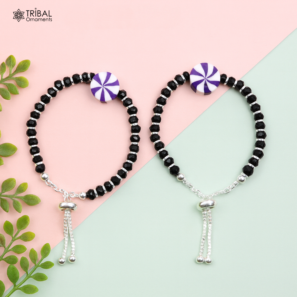 Elegant baby beaded bangle bracelet or ankle bracelet 925 sterling silver handmade customized kids jewelry form india bbr43 - TRIBAL ORNAMENTS