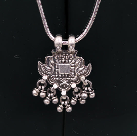 Excellent design 925 Sterling silver handmade gorgeous peacock pendant with hanging bells customized pretty pendant temple jewelry nsp171 - TRIBAL ORNAMENTS