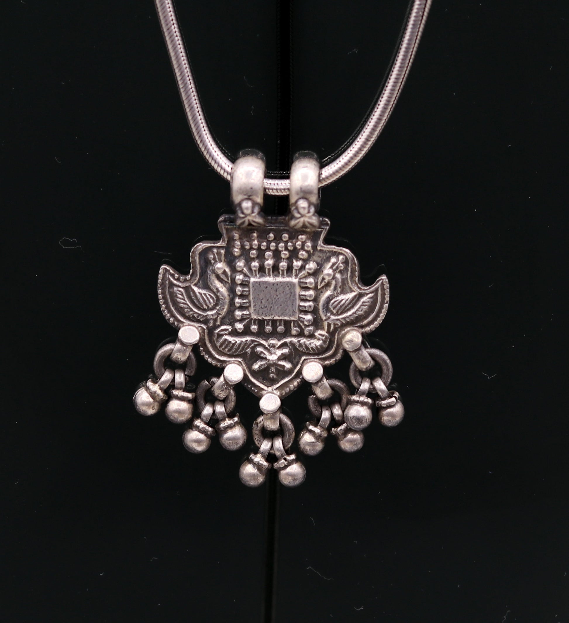Excellent design 925 Sterling silver handmade gorgeous peacock pendant with hanging bells customized pretty pendant temple jewelry nsp171 - TRIBAL ORNAMENTS