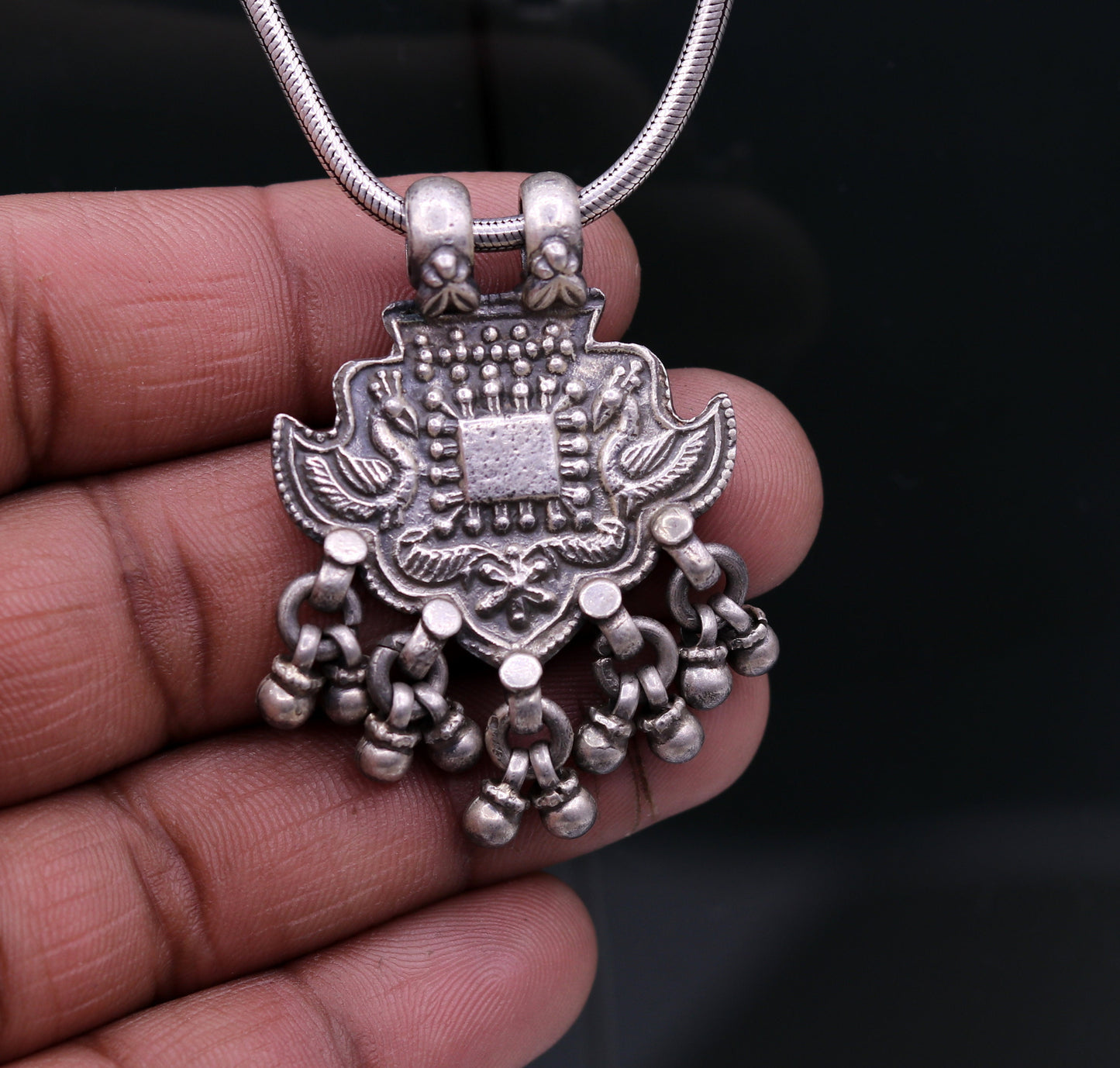 Excellent design 925 Sterling silver handmade gorgeous peacock pendant with hanging bells customized pretty pendant temple jewelry nsp171 - TRIBAL ORNAMENTS