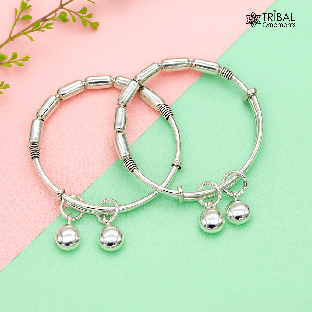 Exclusive 925 sterling silver handmade adjustable baby bangle kada bracelet, fabulous heart shape hangings charm bangles unisex kids bbk72 - TRIBAL ORNAMENTS