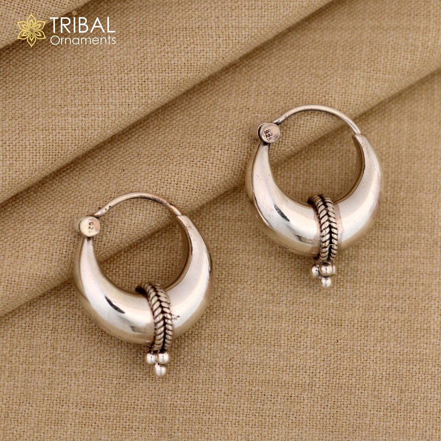 Exclusive 925 sterling silver Handmade vintage ethnic style hoops earrings Kundal unisex tribal stylish unique Bali jewelry India ear1230 - TRIBAL ORNAMENTS