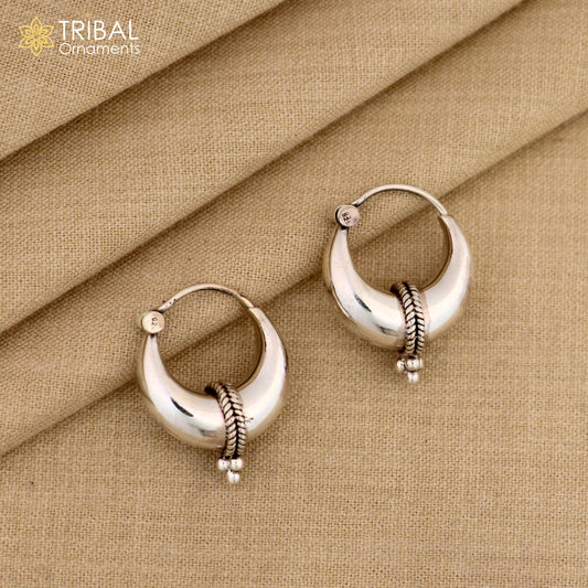 Exclusive 925 sterling silver Handmade vintage ethnic style hoops earrings Kundal unisex tribal stylish unique Bali jewelry India ear1236 - TRIBAL ORNAMENTS