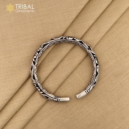 925 sterling silver chitai nakshi work unisex cuff bangle by Tribal Ornaments, oxidized handmade bracelet with intricate design.