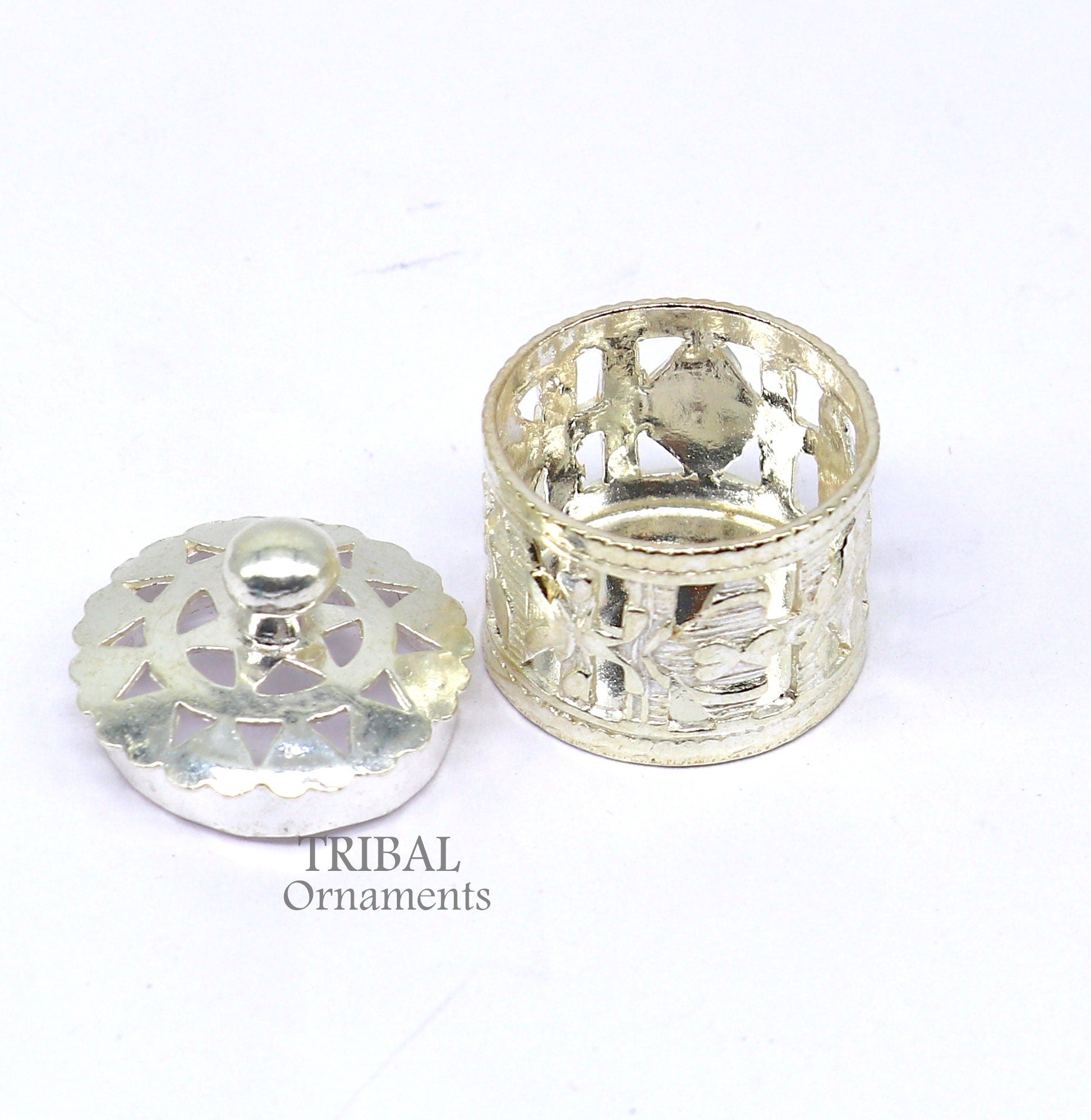 Small sterling silver Kapoor holding box by Tribal Ornaments, perfect for perfume attar or jewelry storage.
