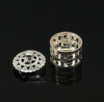Small sterling silver Kapoor holding box by Tribal Ornaments, ideal for jewelry or perfume Attar storage, detailed handcrafted design.