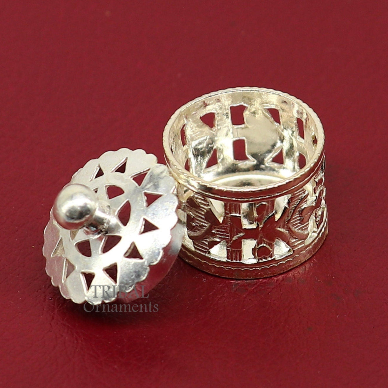 Small sterling silver Kapoor holding box by Tribal Ornaments, jewelry and perfume attar container, elegant trinket storage.