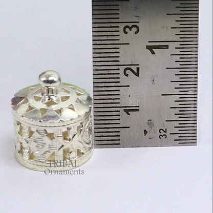 Small sterling silver Kapoor holding box by Tribal Ornaments, perfect for jewelry or perfume attar storage.