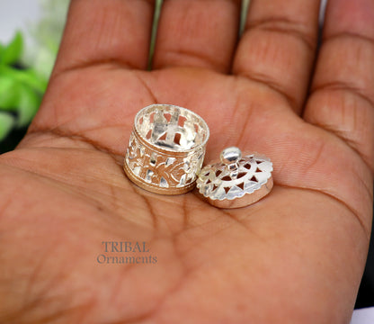 Small sterling silver Kapoor holding box by Tribal Ornaments, perfect for jewelry or perfume Attar storage, with intricate design.