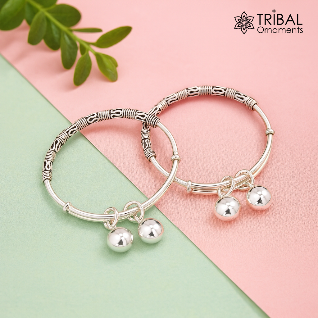 Exclusive stylish 925 sterling silver adjustable charm baby bangles kada, silver new born kids jewelry, oxidized jewelry bbk67 - TRIBAL ORNAMENTS