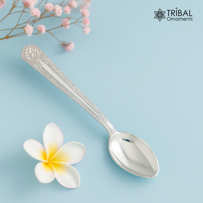 Fabulous sterling silver handmade 5-inch spoon from Tribal Ornaments, antibacterial silver kitchen utensil with traditional craftsmanship.