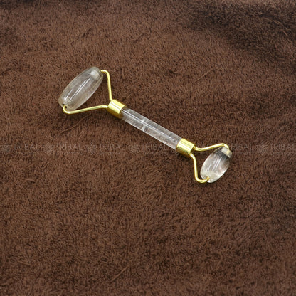 TRIBAL ORNAMENTS handmade sphatic stone facial massage roller for face, neck, eyes, and body, showcasing smooth stone and ergonomic design.