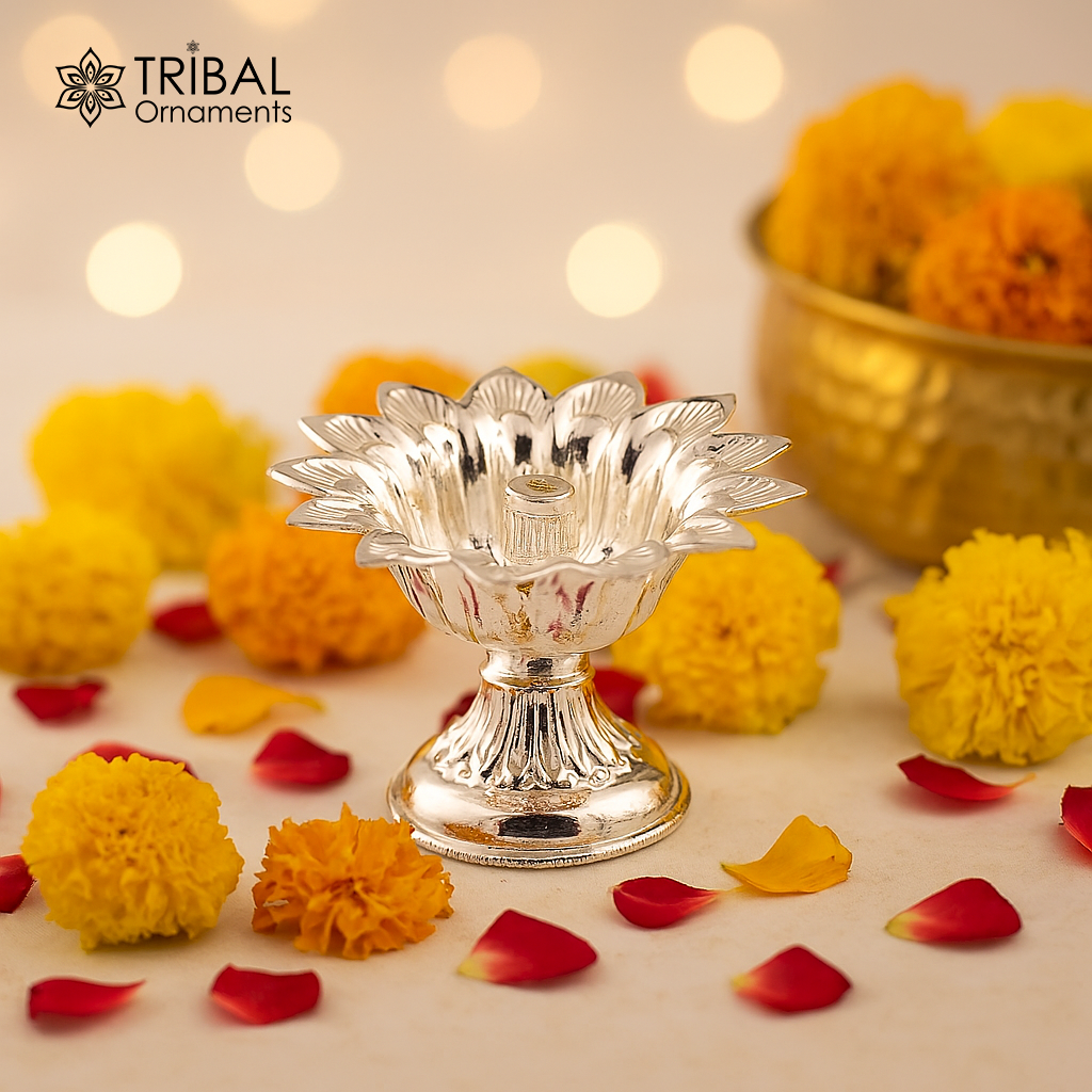 Fine 999 silver handmade flower shape oil lamp, silver temple utensils, silver diya, deepak, silver vessels, silver art decorative art su174 - TRIBAL ORNAMENTS