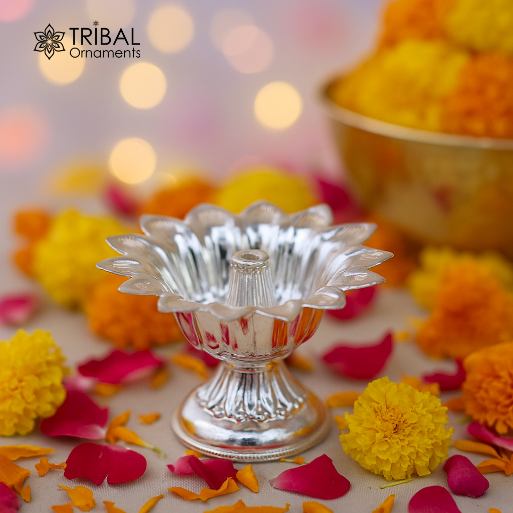 Fine 999 silver handmade flower shape oil lamp, silver temple utensils, silver diya, deepak, silver vessels, silver art decorative art su175 - TRIBAL ORNAMENTS