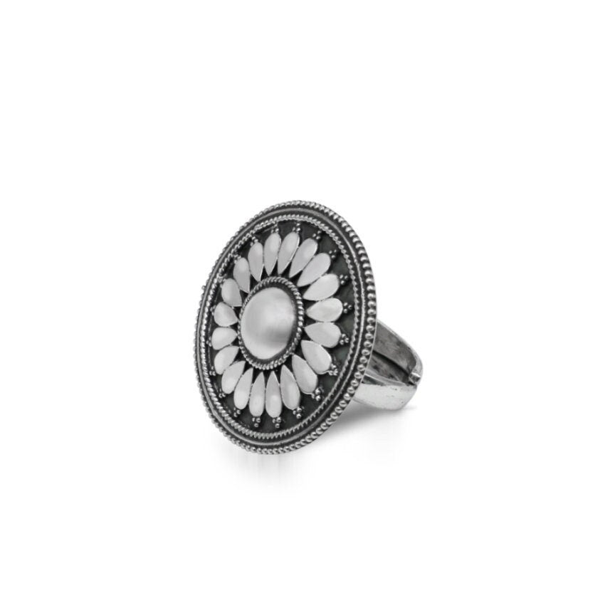 floral design 925 sterling solid silver fabulous craftsmanship vintage design tribal adjustable ring band for women Rajasthan India ring495 - TRIBAL ORNAMENTS