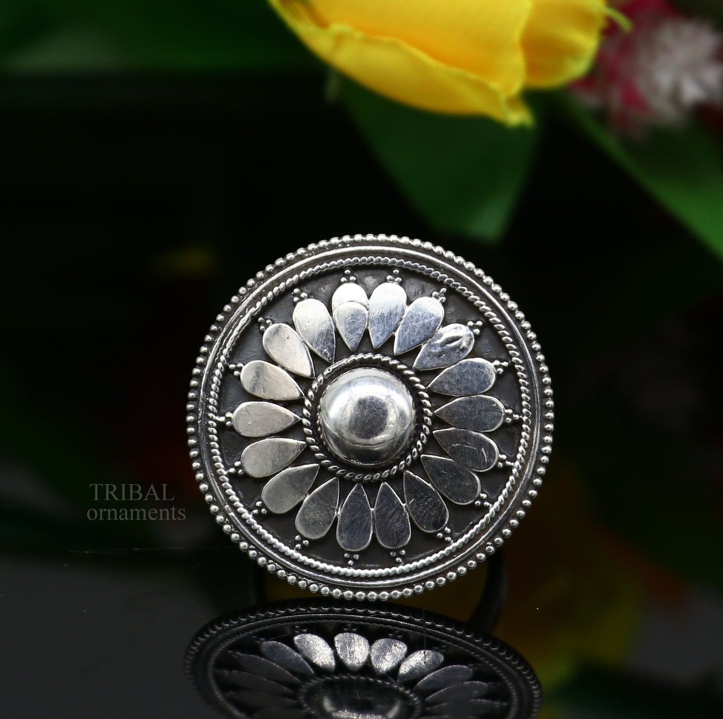 floral design 925 sterling solid silver fabulous craftsmanship vintage design tribal adjustable ring band for women Rajasthan India ring495 - TRIBAL ORNAMENTS
