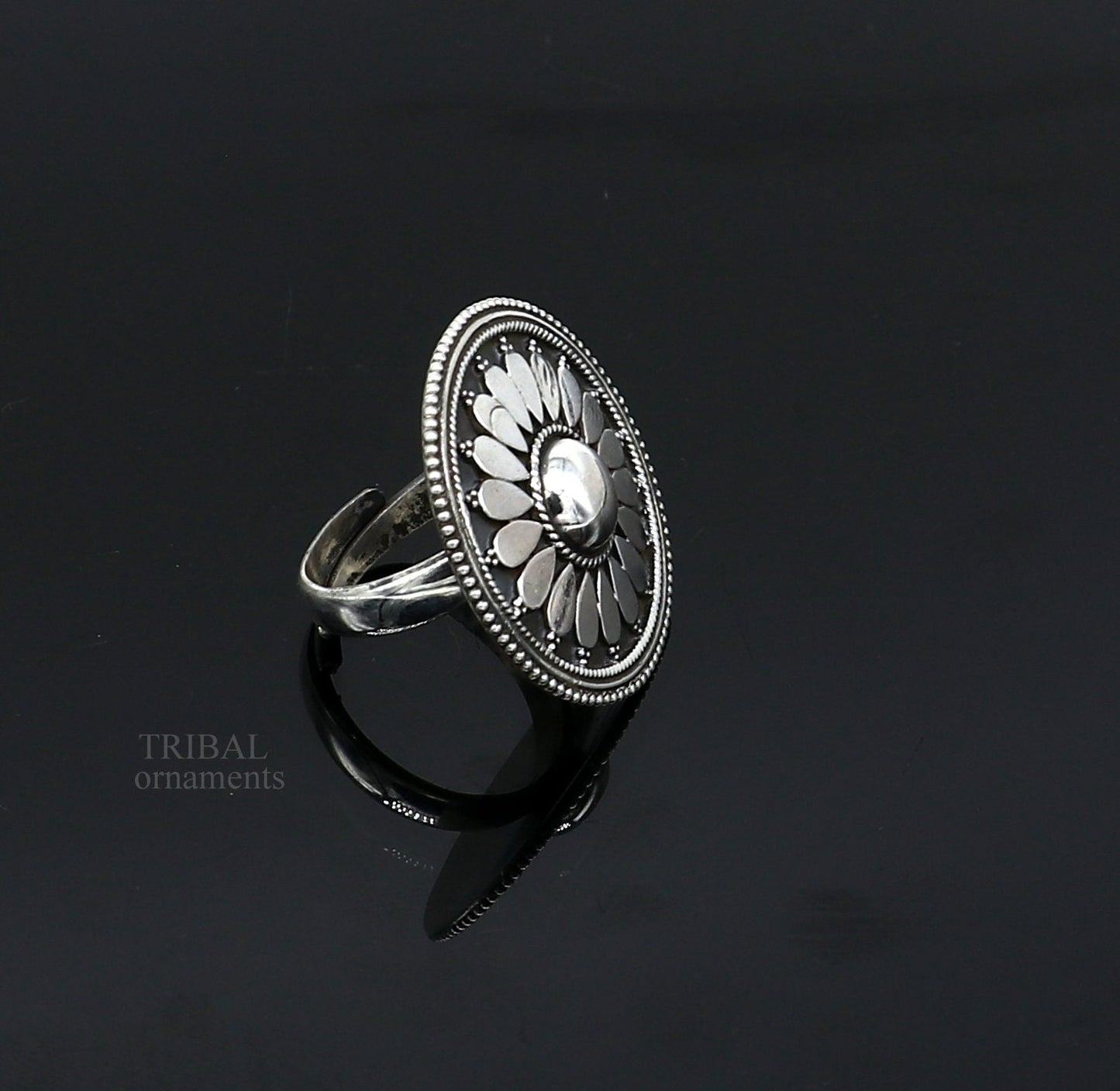 floral design 925 sterling solid silver fabulous craftsmanship vintage design tribal adjustable ring band for women Rajasthan India ring495 - TRIBAL ORNAMENTS