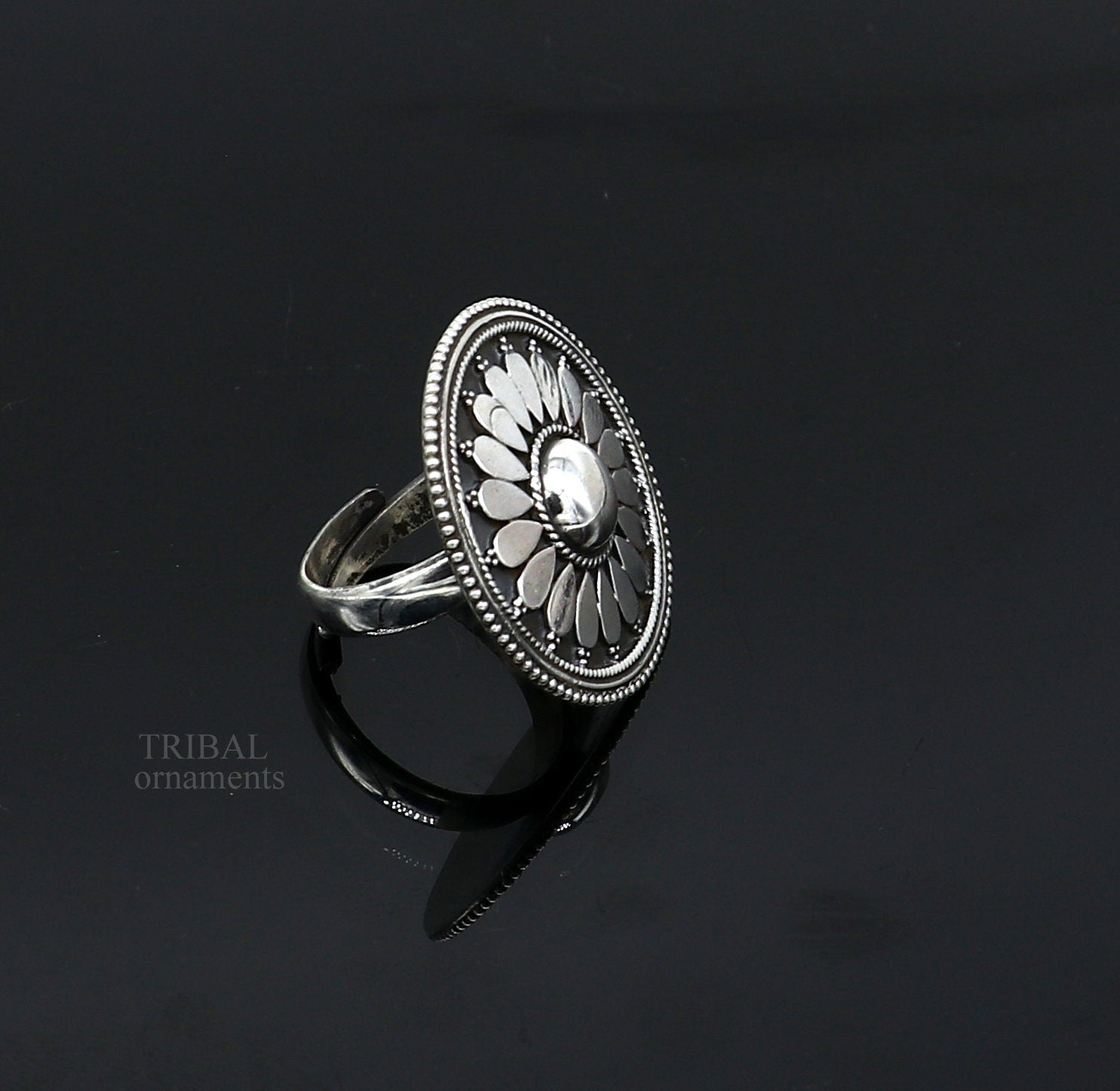 floral design 925 sterling solid silver fabulous craftsmanship vintage design tribal adjustable ring band for women Rajasthan India ring495 - TRIBAL ORNAMENTS