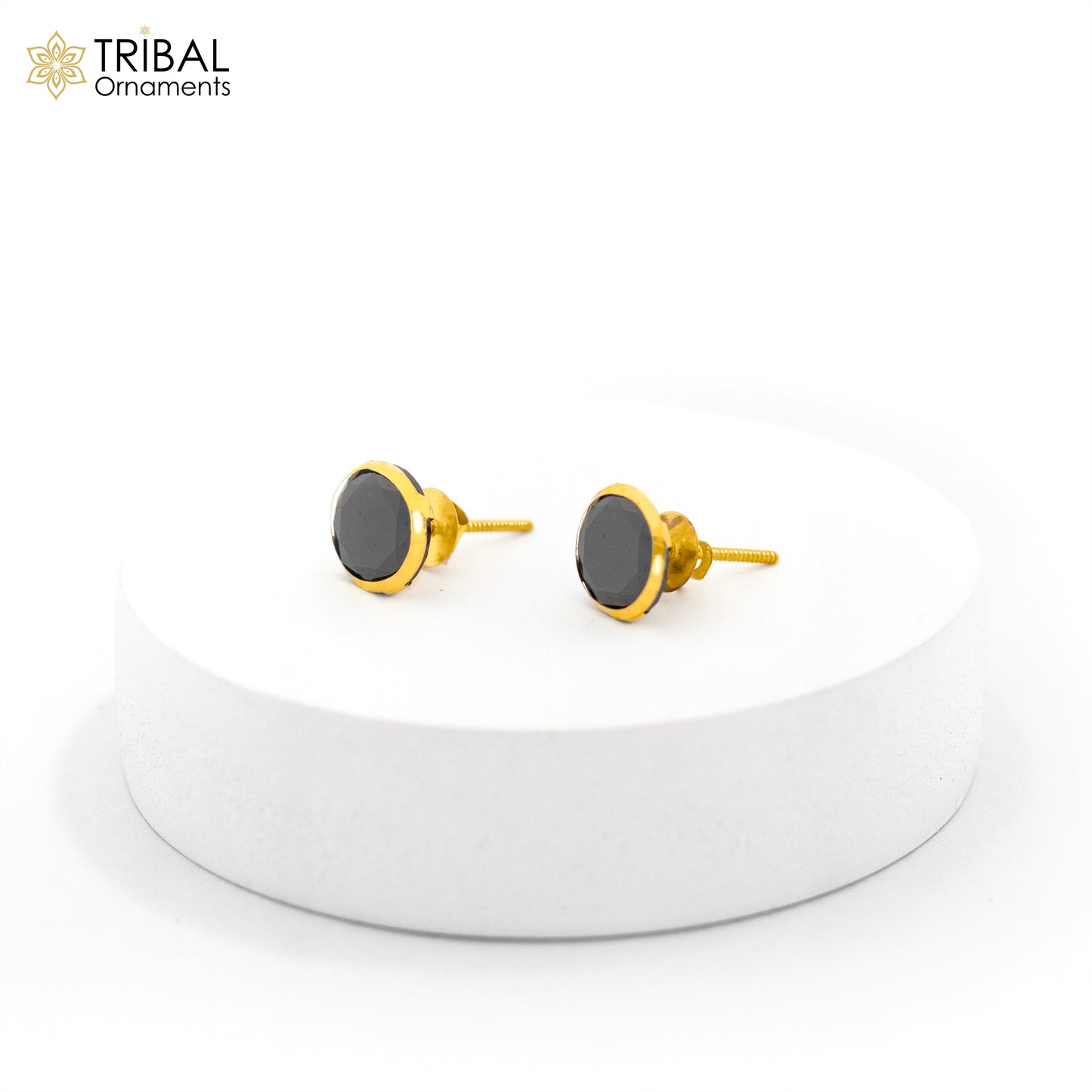 Genuine 18k yellow gold handmade fabulous black onyx stone excellent antique vintage design stud earrings pair unisex jewelry - TRIBAL ORNAMENTS