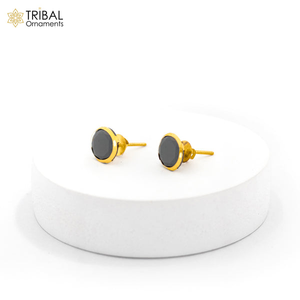 Genuine 18k yellow gold handmade fabulous black onyx stone excellent antique vintage design stud earrings pair unisex jewelry - TRIBAL ORNAMENTS