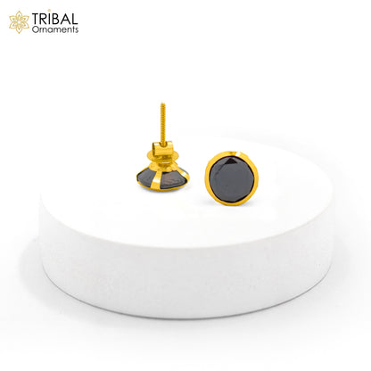 Genuine 18k yellow gold handmade fabulous black onyx stone excellent antique vintage design stud earrings pair unisex jewelry - TRIBAL ORNAMENTS