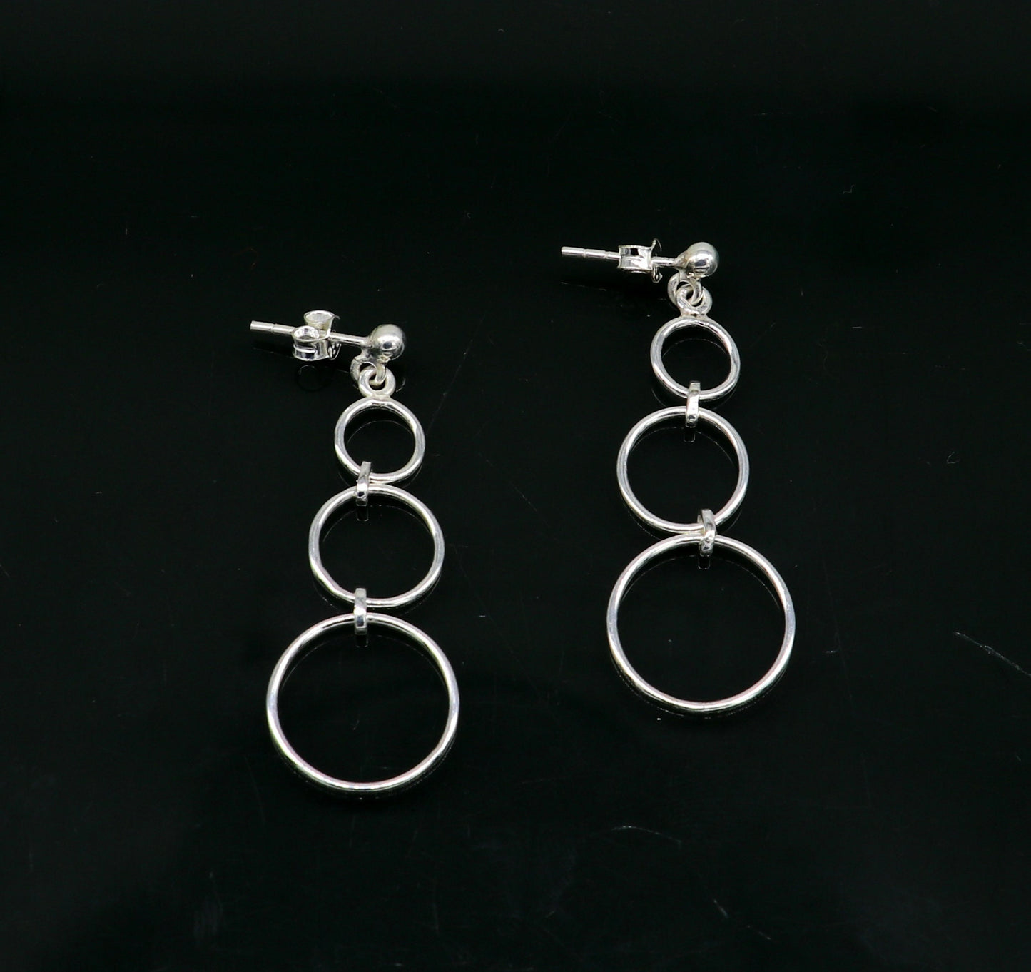 Genuine 925 sterling silver 3-circle dainty stud earring with drop dangle geometric design, stylish gift for her.